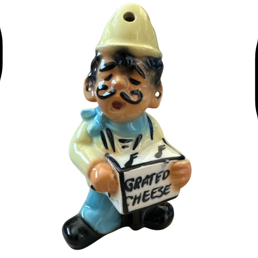 Vintage Parmesan Grated Cheese Shaker Organ Grinder Mustached Man Ceramic Kitsch